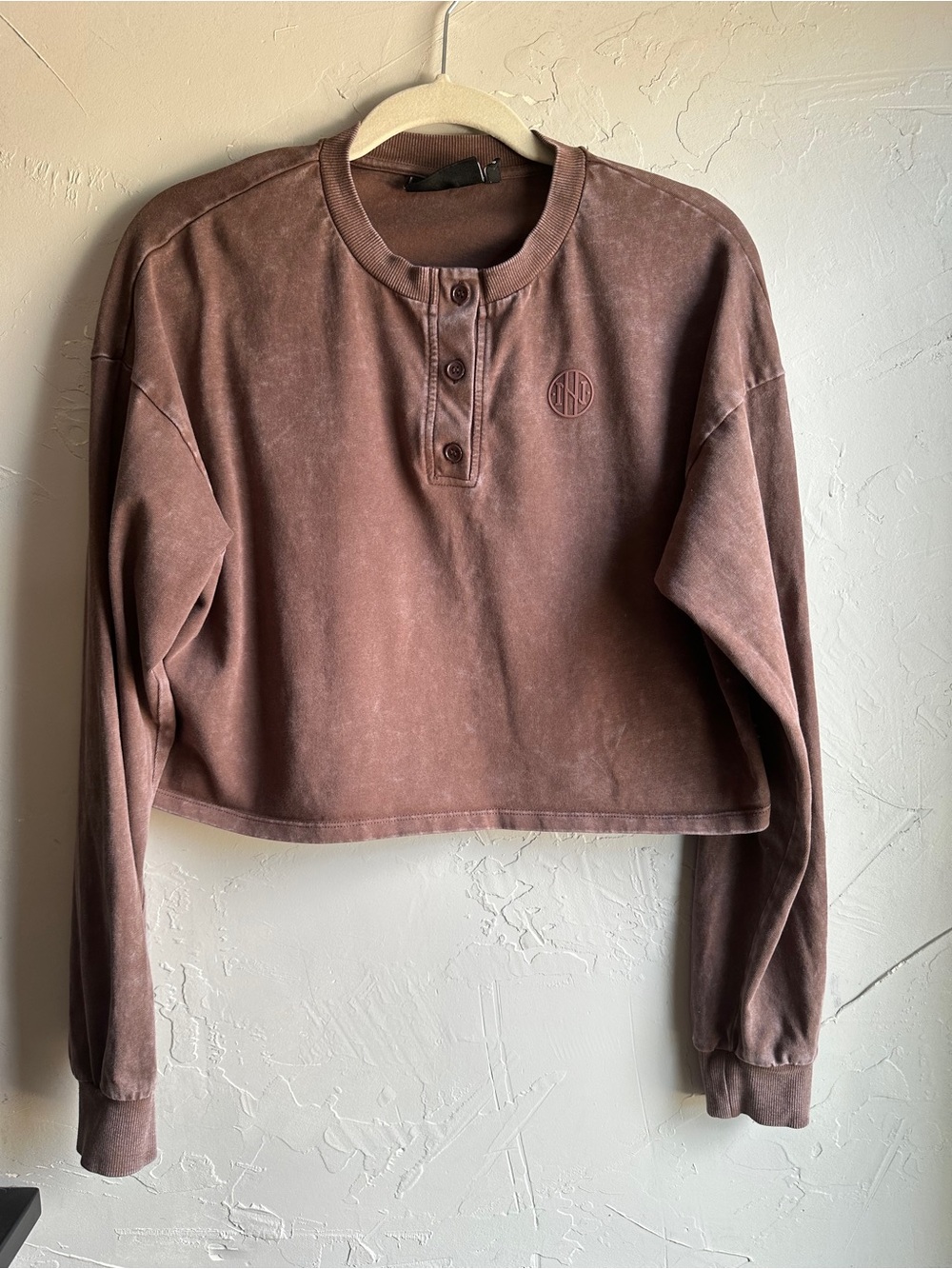 Ninth Hall Cropped Henley Brown Acid‎ Wash Sweatshirt Grunge Streetwear Skater S